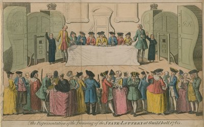 De voorstelling van de trekking van de staatsloterij in Guildhall, 1763 door English School