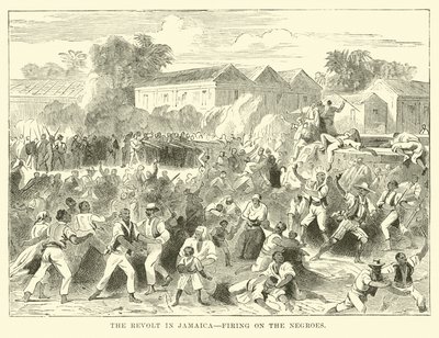 De opstand in Jamaica, schieten op de zwarte bevolking (gravure) door English School