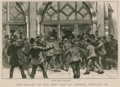 De rellen in West End van Londen, 8 februari 1886: Plunderen van winkels in Piccadilly door English School