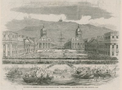 Het tafereel in Greenwich tijdens de passage van de Great Eastern door English School