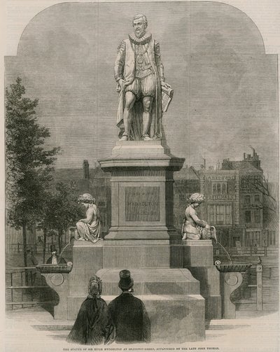 Het standbeeld van Sir Hugh Myddleton in Islington Green, gebeeldhouwd door wijlen John Thomas (gravure) door English School