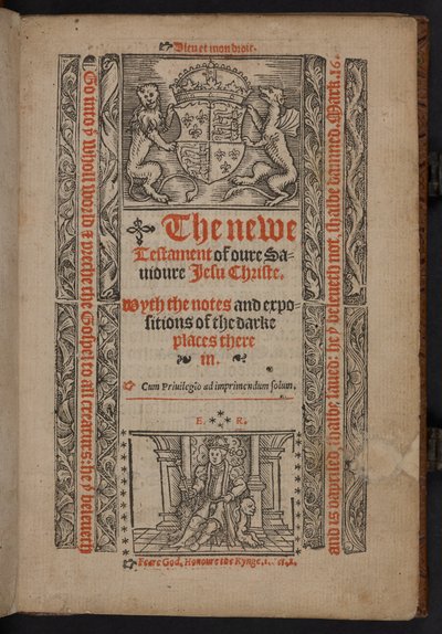 De titelpagina van Het nieuwe Testament van onze Sauioure Iesu Christe. Wyth de notities en uiteenzettingen van de donkere plaatsen daarin door English School