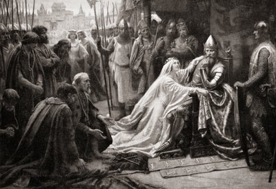 De vrouw van koning Edward III, koningin Philippa van Henegouwen, pleit voor haar man om het leven van de zeven burgers van Calais te sparen door English School