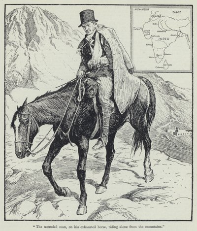 "De gewonde man, op zijn uitgeputte paard, alleen rijdend vanuit de bergen" door English School