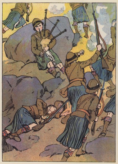 De gewonde doedelzakspeler speelt de troepen naar de overwinning (kleurenlitho) door English School