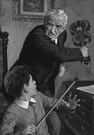 De jonge Sir John Barbirolli, op het punt een viool over zijn hoofd gebroken te krijgen door zijn grootvader door English School