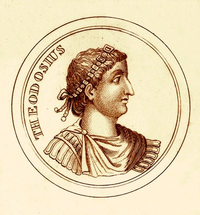 Theodosius, illustratie uit Het Universele Historische Woordenboek door George Crabb, gepubliceerd 1825 door English School