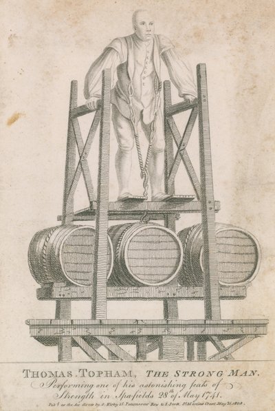 Thomas Topham, de sterke man, voert een van zijn verbazingwekkende krachttoeren uit in Spitalfields, 28 mei 1741 door English School