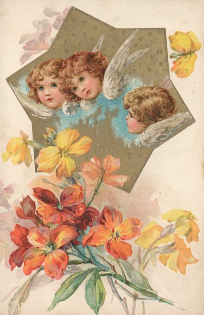 Drie cherubijnen in een afbeelding versierd met bloemen door English School