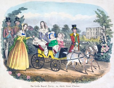 Drie van de kinderen van Koningin Victoria rijden in een wagen getrokken door geiten door English School