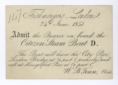 Ticket voor Londense visverkopers om een boottocht te maken op de Citizen Steam Boat, 24 juni 1851 door English School