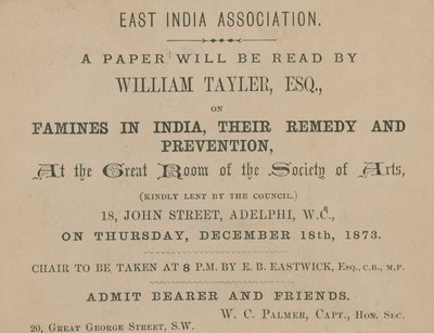 Ticket voor een lezing door William Tayler van de East India Association door English School