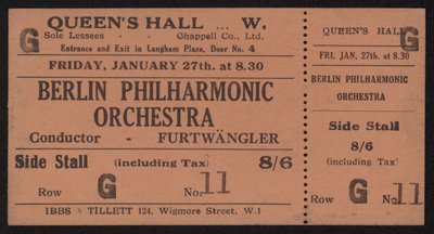 Ticket voor een concert van het Berlin Philharmonic Orchestra, Queens Hall, Londen, vrijdag 27 januari 1928 door English School