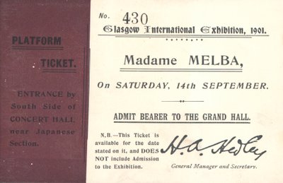 Ticket voor Nellie Melba op de Glasgow International Exhibition, 1901 door English School