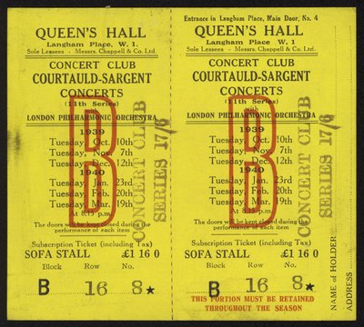 Ticket voor de Courtauld-Sargent concerten, Queens Hall, Langham Place, Londen, 1939-1940 door English School
