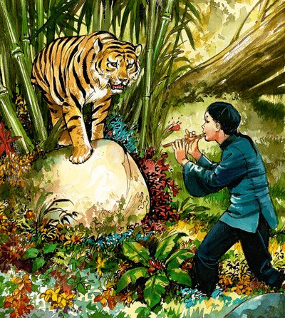 Tijger bespeeld op de fluit door English School