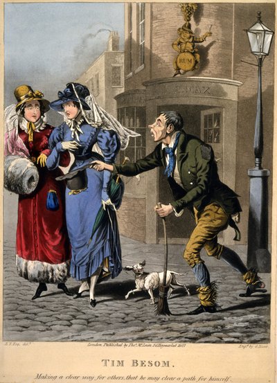 Tim Besom - maakt een vrije weg voor anderen zodat hij een pad voor zichzelf kan vrijmaken. Gegraveerd door G Hunt, uitgegeven door Thos. McLean, Londen, 1827 door English School