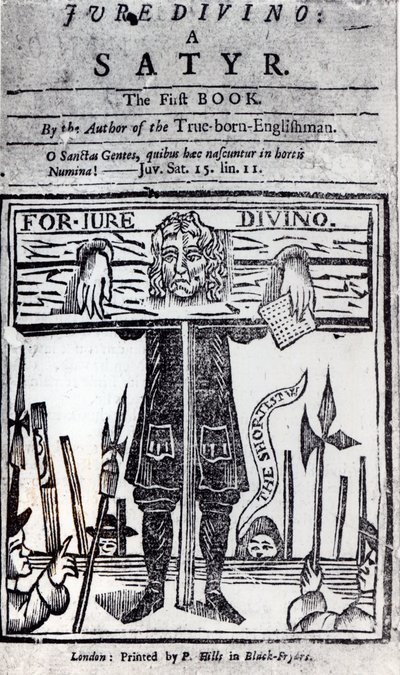 Titelpagina van het eerste boek van Jure Divino - Een satire door Daniel Defoe (1660-1731) gepubliceerd in 1706 door English School