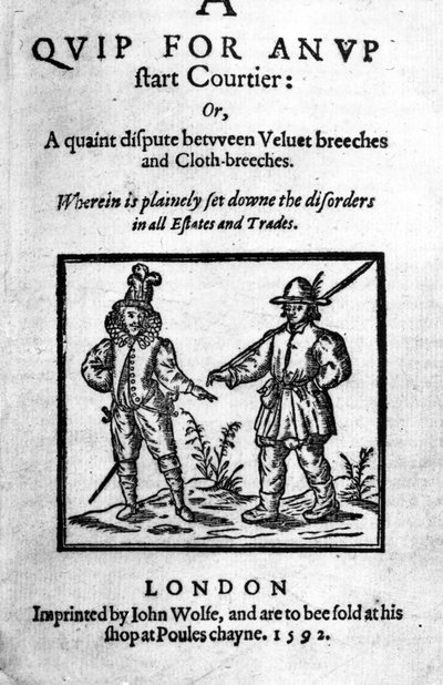 Titelpagina voor A Quip for an Upstart Courtier: of, Een eigenaardige discussie tussen fluwelen broek en stoffen broek door Robert Greene, gepubliceerd 1592 door English School