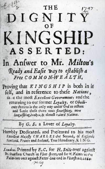 Titelpagina voor The Dignity of Kingship Asserted door G.S. a Lover of Loyalty, gepubliceerd 1660 door English School