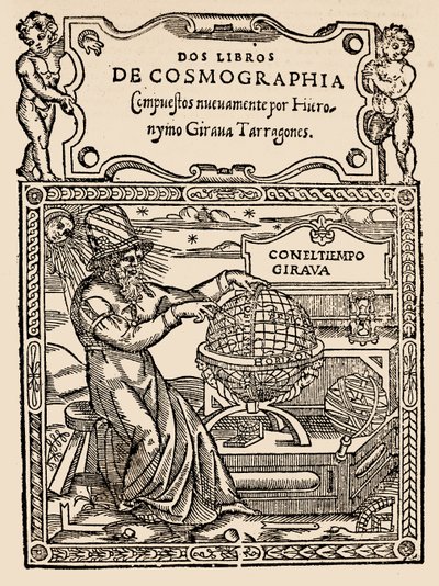 Titelpagina voor Twee Boeken over Kosmografie door Hieronymo Girana Tarragones, uit The Narrative and Critical History of America, bewerkt door Justin Winsor, Londen, 1886 door English School