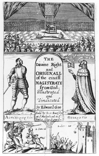Titelpagina van The Divine Right and Original of the Civil Magistrate from God, gegraveerd door Edward Gee, 1658 door English School