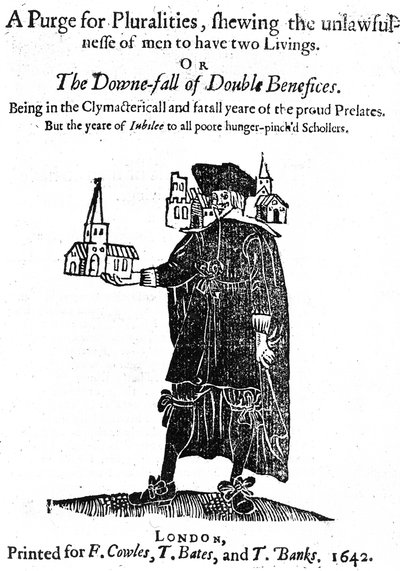 Titelpagina voor A Purge for Pluralities gedrukt voor F. Cowles, T. Bates en T. Banks, 1642 door English School