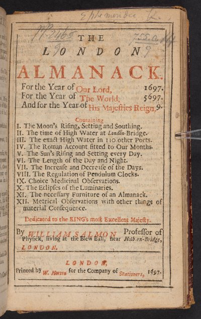 Titelpagina van The London Almanack, door William Salmon door English School