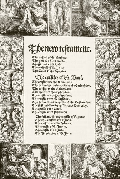 Titelpagina van William Tyndales Nieuwe Testament, gedrukt in de jaren 1530, uit The National and Domestic History of England door William Hickman Smith Aubrey (1858-1916) gepubliceerd in Londen, ca. 1890 door English School