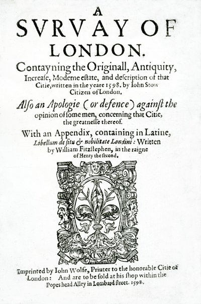 Titelpagina van A Survey of London door John Stow, gepubliceerd in 1598 door English School