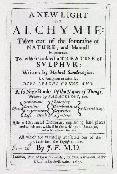 Titelpagina van de Engelse editie van A New Light on Alchemy door Michal Sedziwoj, 1650 door English School