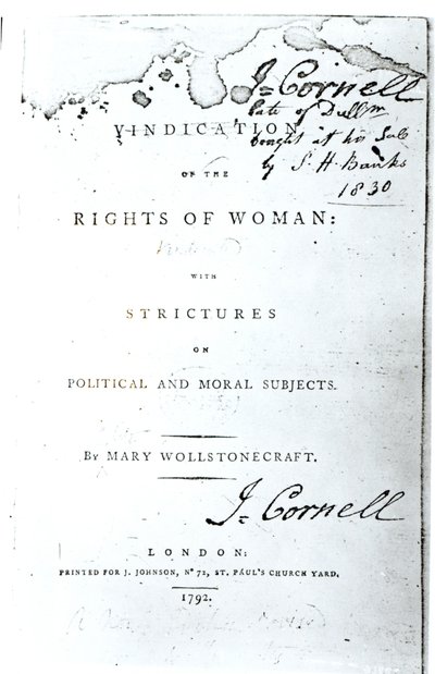 Titelpagina van A Vindication of the Rights of Woman door Mary Wollstonecraft, gepubliceerd in 1792 door English School