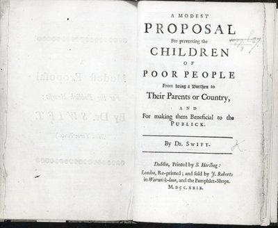 Titelpagina van A Modest Proposal door Jonathan Swift, uitgegeven in 1729 door English School