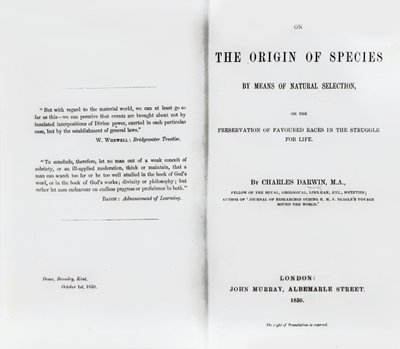 Titelpagina van On the Origin of Species door Charles Darwin, gepubliceerd in 1859 door English School