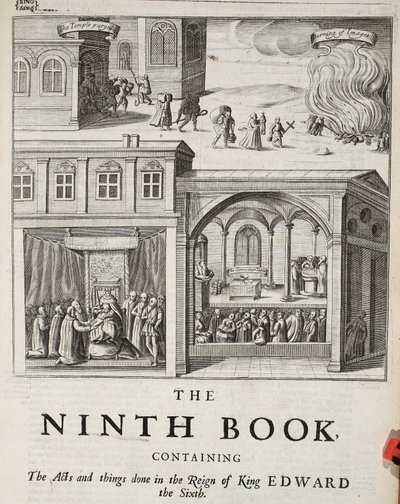 Titelpagina van het negende boek, illustratie uit Handelingen en Monumenten van John Foxe, negende editie, uitgegeven 1684 door English School