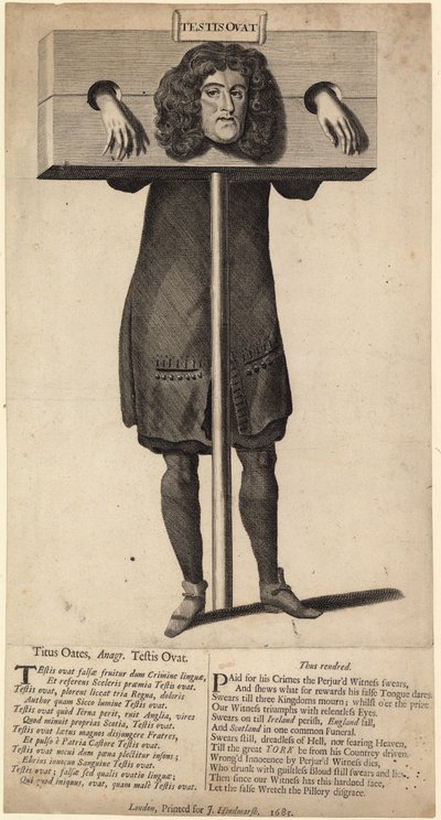 Titus Oates in de schandpaal, gepubliceerd 1685 door English School