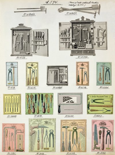 Gereedschappen en gereedschapskisten uit een handelscatalogus van huishoudelijke goederen en fittingen, c.1890-1910 door English School