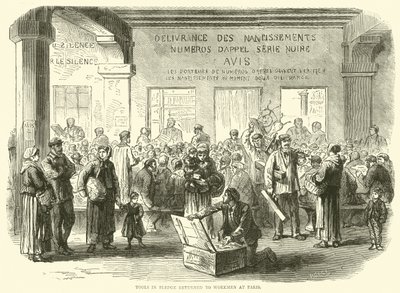 Gereedschap in pand teruggegeven aan arbeiders in Parijs, december 1870 door English School
