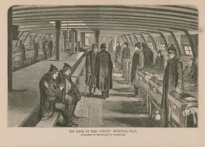 Bovendek van het Unite ziekenhuisschip door English School