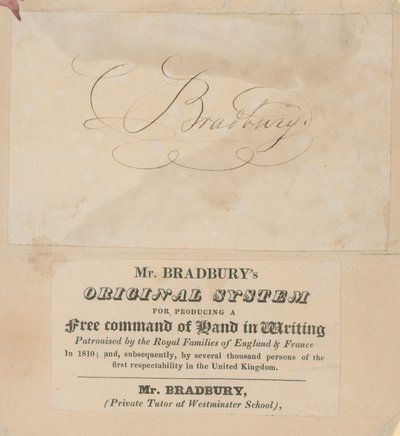 Handelskaart voor Mr Bradburys originele systeem voor het verkrijgen van een vrije handbeheersing in het schrijven door English School