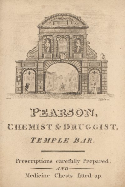 Handelskaart voor Pearson, apotheker en drogist, Temple Bar, Londen door English School