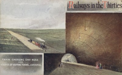 Trein die Chat Moss oversteekt en Interieur van Wapping Tunnel, Liverpool door English School