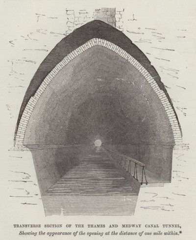 Dwarsdoorsnede van de Thames en Medway Kanaaltunnel (gravure) door English School