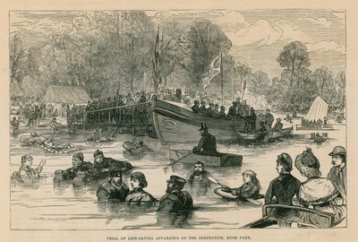Proef van levensreddende apparatuur op de Serpentine, Hyde Park, Londen door English School