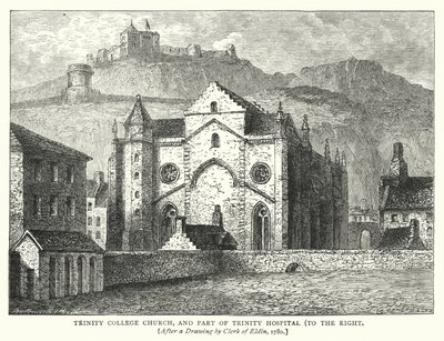 Trinity College Kerk, en Deel van Trinity Hospital, rechts (gravure) door English School