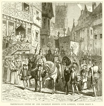 Triomfantelijke intocht van de katholieke bisschoppen in Londen, onder Maria I door English School