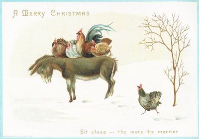 Kalkoen en kip op rug van ezel, kerstkaart door English School