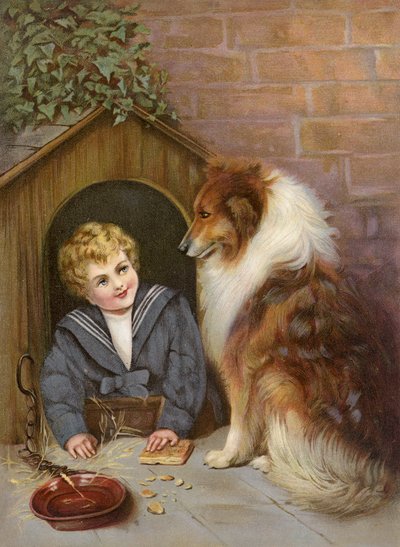 Turned Out - Jongen doet zich voor als Colliehond (kleurenlitho) door English School