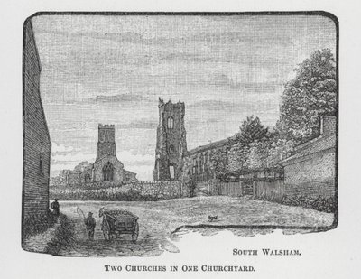 Twee kerken op een kerkhof (gravure) door English School