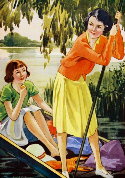 Twee meisjes die op een rivier punteren door English School